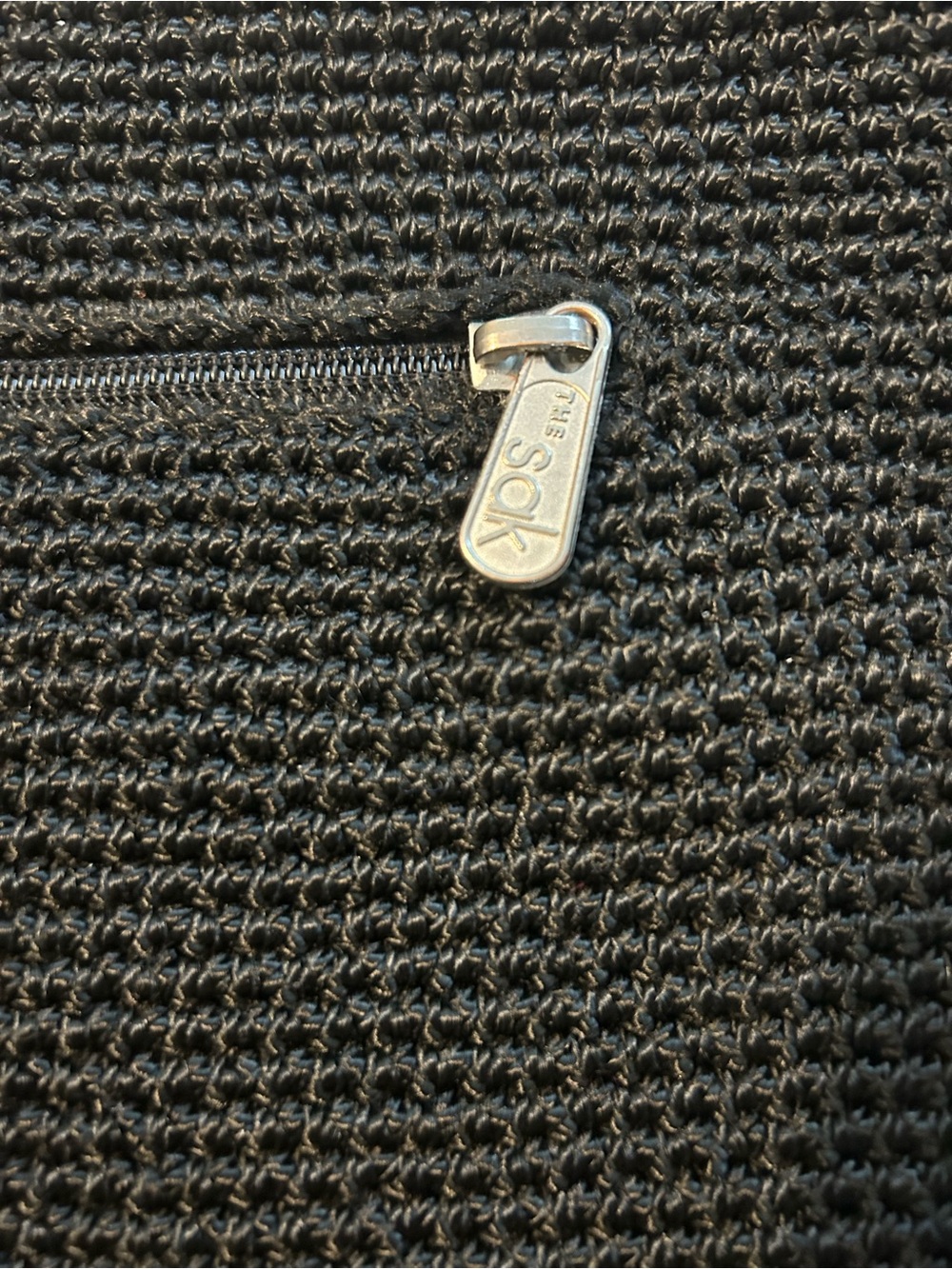The Sak Black Crocheted Shoulder Bag Silver Zipper Pull Inside & Outside Pocket